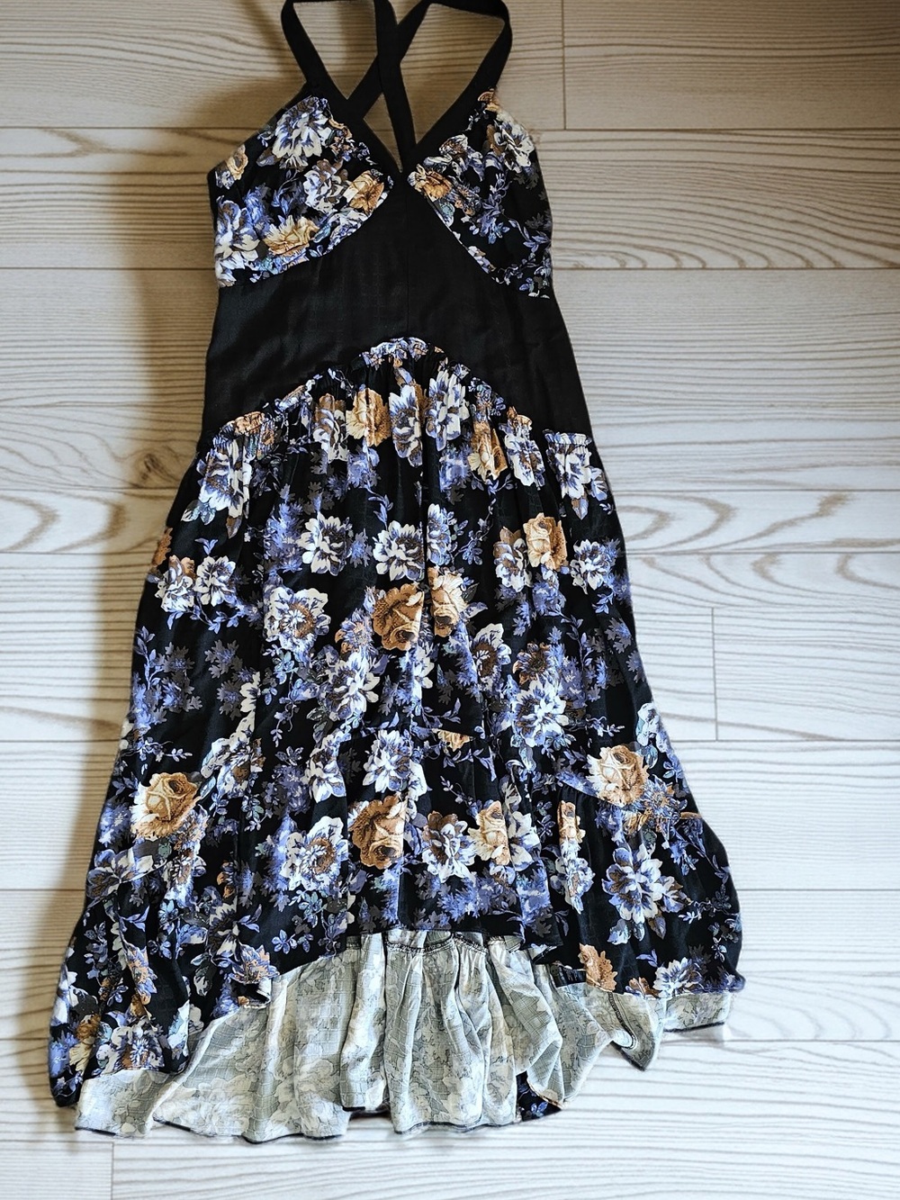 Anthropologie Blue Dress with Gold and Lavender Floral Print